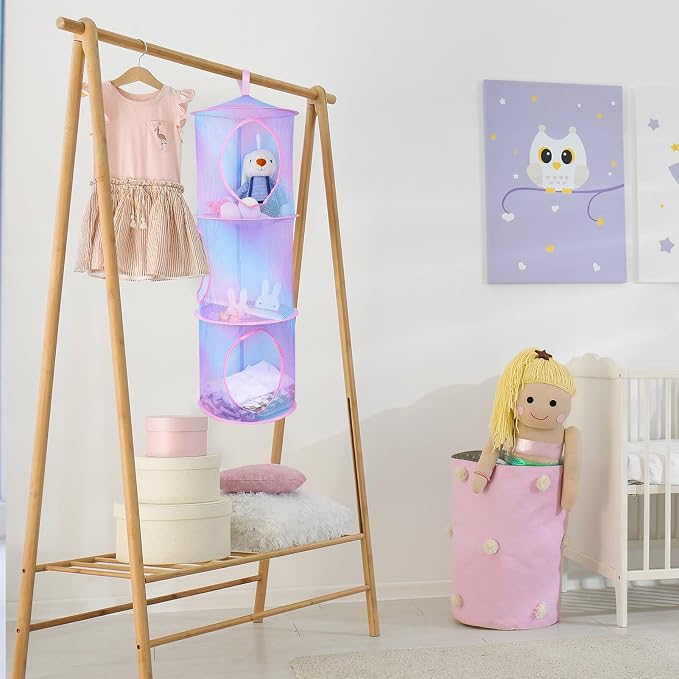 Basumee Stuffed Animals Net or Hammock 2 Pcs Stuffed Animals Storage Toy Net Hammock for Plushies Storage Organizer Mesh Kids Girls Room Decor, Blue and Purple, 3 Tiers