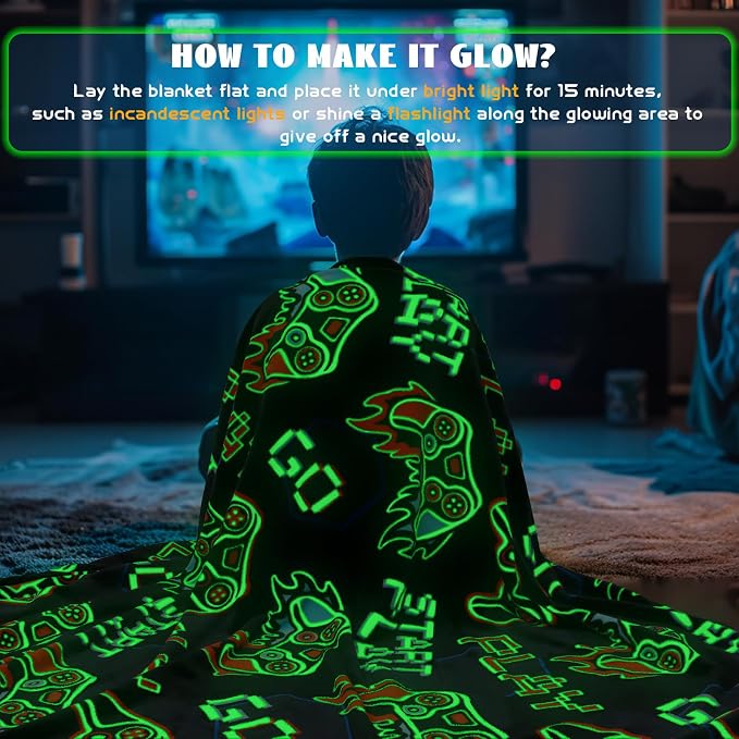 ORDM Glow in The Dark Blanket Boys Gaming Controller Throw Blanket Game Controller Easter Gifts for Boys Toys Age 1-15 Years Old Birthday Gifts Room Decor Luminous Blanket
