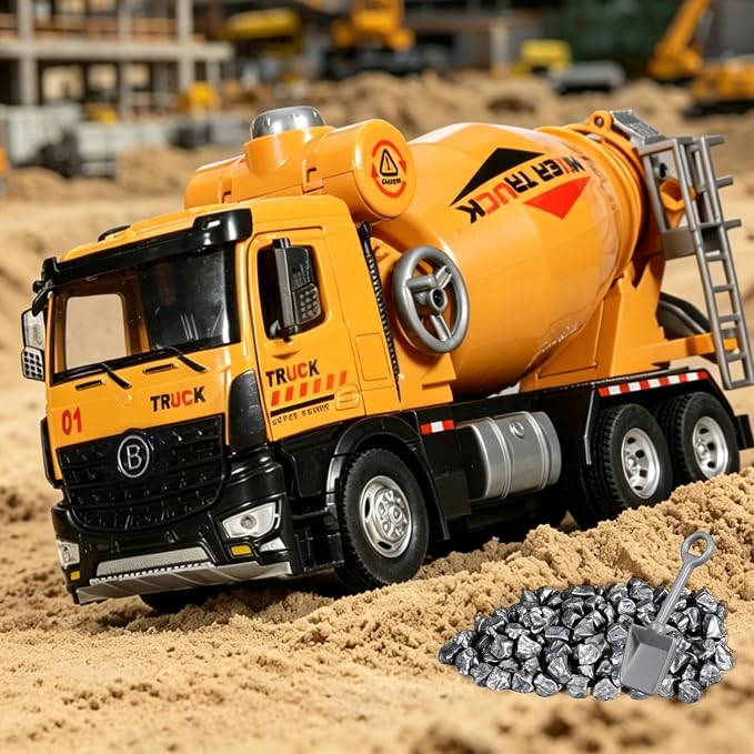 Cement Mixer Toy Truck Diecast Metal Cab Construction Truck Toys for Kids Boys and Girls Pull Back Cement Mixer with Lights and Sounds Construction Trucks for Toddlers 3-5