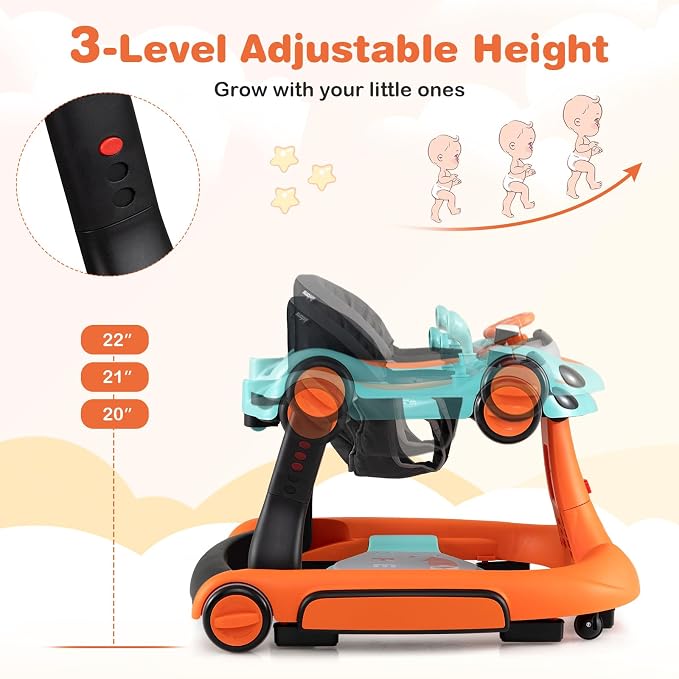 BABY JOY 7-in-1 Baby Walker, Foldable Baby Walker and Bouncer Combo with Handle, Adjustable Height & Speed, Music, Lights, Rocker/Push Mode, Baby Walker with Wheels for Boys Girls 7-18 Months (Orange)