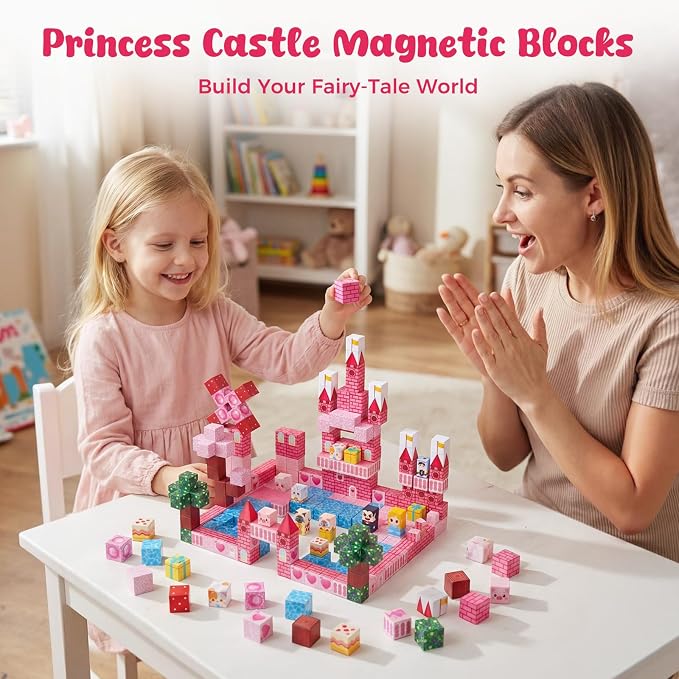 3 otters Magnetic Blocks 150PCS, Princess Castle Magnet Cubes STEM Montessori Building Toys for Girls, Sensory Gifts for Kids Birthday
