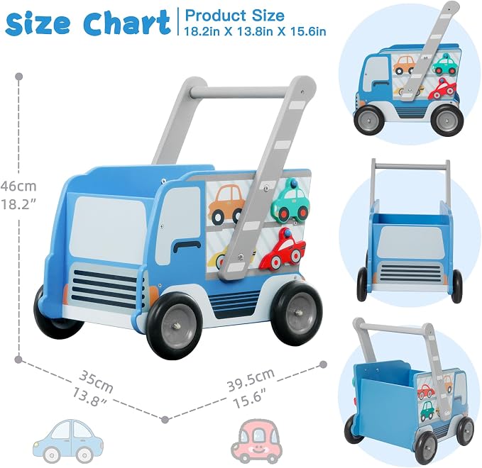 labebe Baby Wooden Learning Walker, 2-in-1 Toddler Push & Pull Toys Stroller Pushing Walker, Infant Sit to Stand Wood Walker Wagon, Transfer Cart Toy for Girls & Boys 1-3 Years Old Kids, Blue