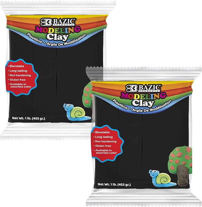 BAZIC Products Black Modeling Clay, 1 lb, Non-Hardening, for Sculpting Art Crafts, Reusable, 2 Pack