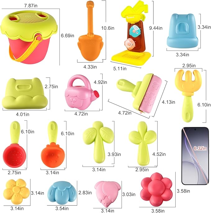 IOKUKI Sand Toys with Mesh Bag Including Sand Water Wheel, Beach Buckets, Shovels, Rakes, Molds, Outdoor Beach Toys Tool Kit for Kids, Toddlers, Boys and Girls (17 PCS) Age 3+