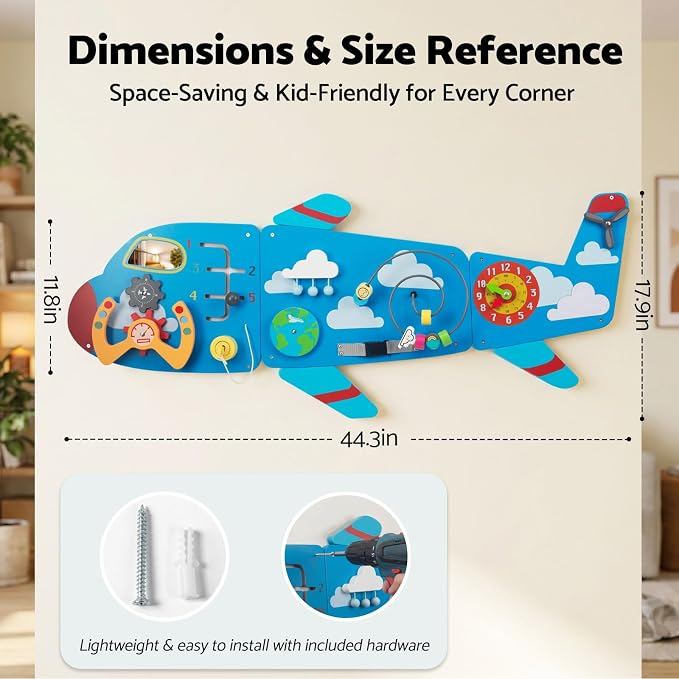 WOODENFUN Wooden Activity Wall Busy Board for Toddlers, 12 in 1 Airplane Montessori Sensory Wall Panel with Bead Maze, Baby Learning Toys for Boys Girls