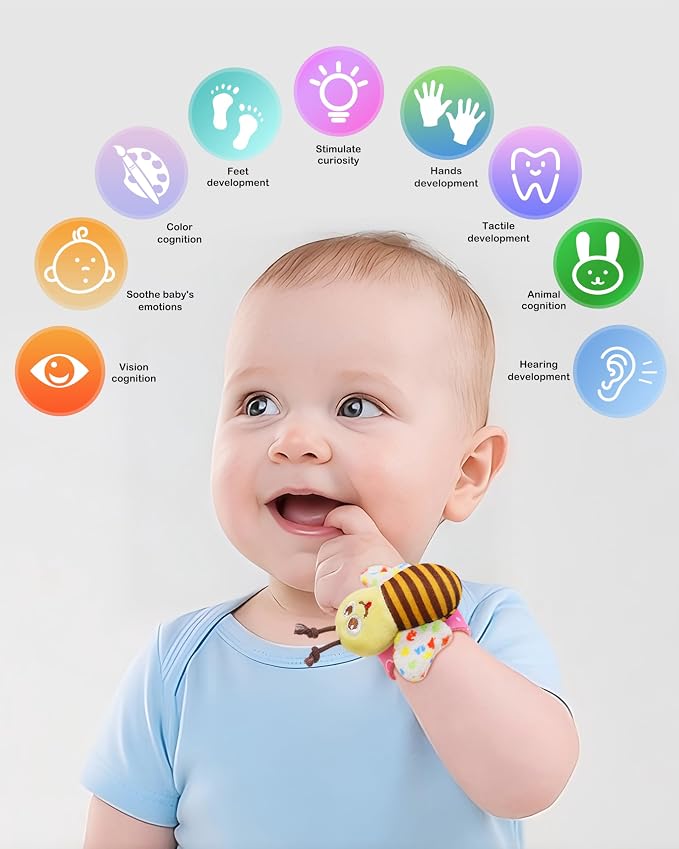 Bloobloomax Baby Wrist Rattle Socks & Foot Finder Toy-Gift for 0-36M | Infant Essentials Wristband Hand & Feet Rattles | Sensory Toys for 0-3Years Newborn Boys and Girls As Shower Present