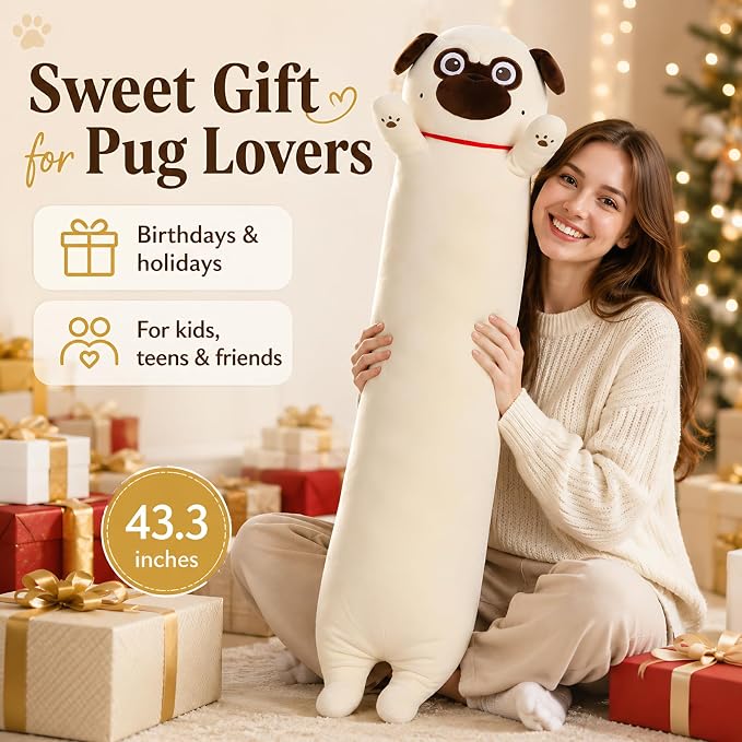 MaoGoLan Super Soft Stuffed Dog for Girls Kids Pug Plush Pillow 43 inch Long Puppy Stuffed Animal Body Pillow, Bulldog Stuffed Animal Pug Lovers Gifts Christmas Valentine's Day Halloween