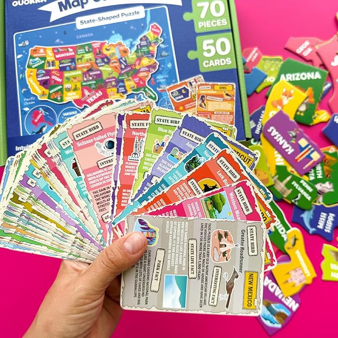 United States Puzzles for Kids Ages 8-10 - 70 Pcs Jigsaw Floor USA Map Puzzles for Kids Ages 6-8 - Includes 50 Cards with 400+ USA Facts - US State & Capitals Educational Gift for Children 4-8