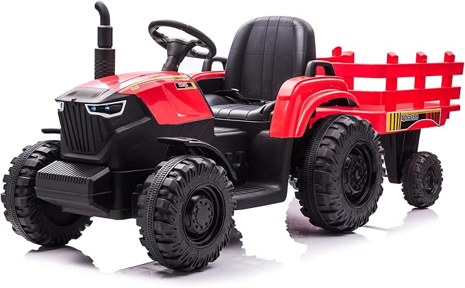 24V Kids Ride-On Tractor with Trailer, 400W Electric Farm Truck with Remote & Pedal Control, Headlights, USB MP3, Power Display, Adjustable Speeds, Safety Belt, Ride-On Toy Gift, Red