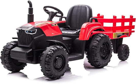 24V Kids Ride-On Tractor with Trailer, 400W Electric Farm Truck with Remote & Pedal Control, Headlights, USB MP3, Power Display, Adjustable Speeds, Safety Belt, Ride-On Toy Gift, Red