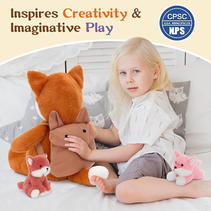 Muiteiur Fox Stuffed Animals Soft 4 Pcs – Soft Red Mommy Fox Plush Toy with 2 Cute Babies & Fox Backpack, for Kids 20inch