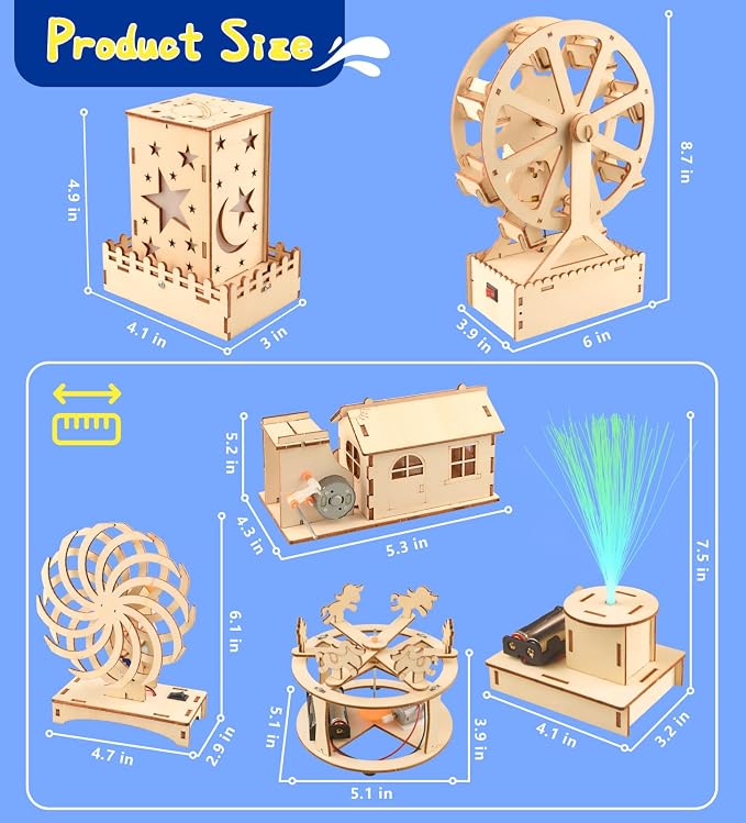 6-in-1 STEM Science Kits for Kids, Wood Arts and Craft Kits, STEM Toys for Boys Girls Age 8-12 5-7 8 10 12 13 14 Gift Idea, 3D Puzzles Building Engineering Model Set