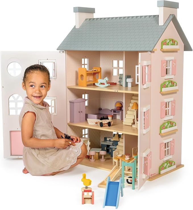 Mentari Toys - Heather Hall - Large 4-Storey Wooden Dollhouse - DIY Doll House with Easy Assembly, Holiday Birthday Gift for Kids Girls Age 3+, Inspires Imaginative Role Play