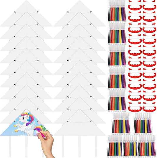 Honoson 20 Pieces DIY Blank Kite with Watercolor Pens and String 20 Inch Making Craft Kits Decorating Coloring Kite Pack for Outdoor and Activities