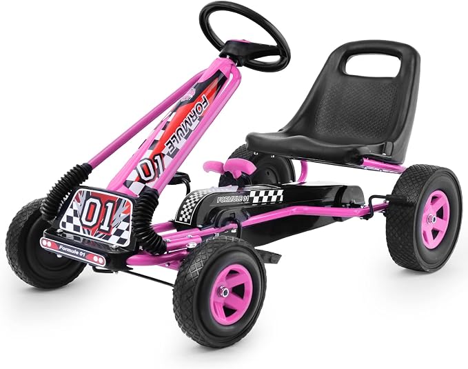 Costzon Go Kart for Kids, 4 Wheel Off-Road Pedal Go Cart w/Adjustable Seat, Steering Wheel, 2 Safety Brakes, EVA Rubber Tires, Ride-On Toys, Outdoor Racer Pedal Car(Pink, 40" L x 24''W x 24.5''H)