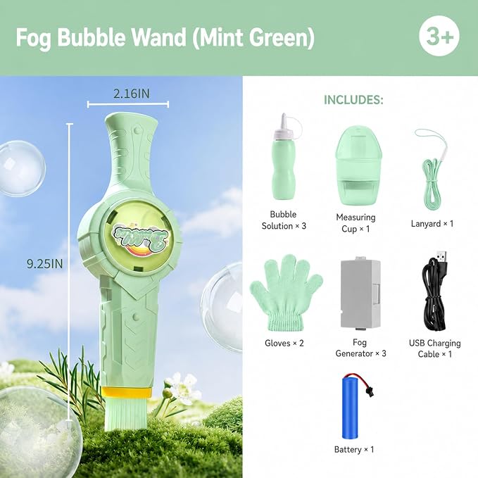Fog Bubble Machine, Electric Smoke Bubble Maker with Music & Colorful Lights, Magic Interactive Bubble Fog Game for Kids Parties Gift, Includes 3 Refills, Green