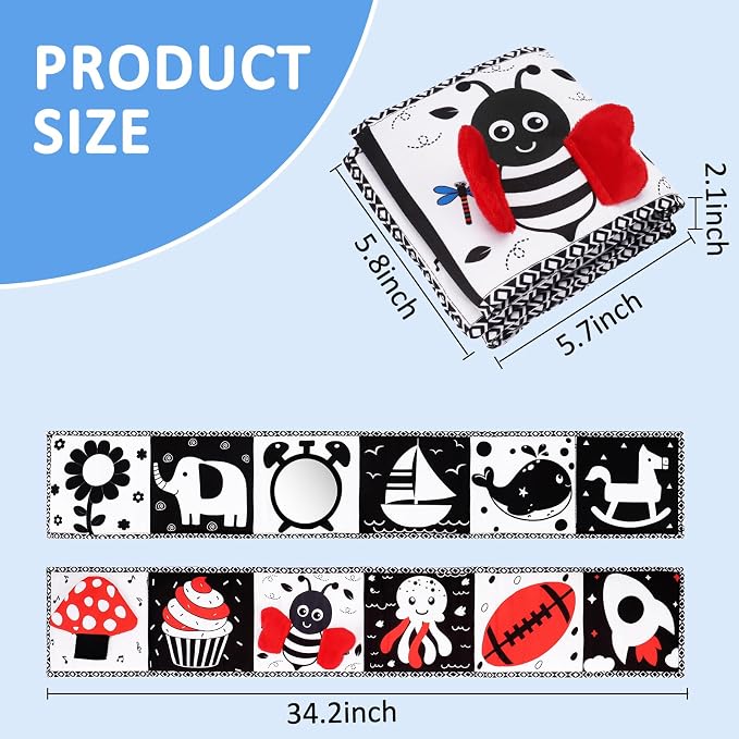 Black and White High Contrast Toys for Baby 0-3 3-6 months Infant Tummy Time Soft Book Sensory Musical Toy 0-2-4-6 month Babies Brain Development Crinkle Book Mirror Newborn Shower Gifts Boys Girls