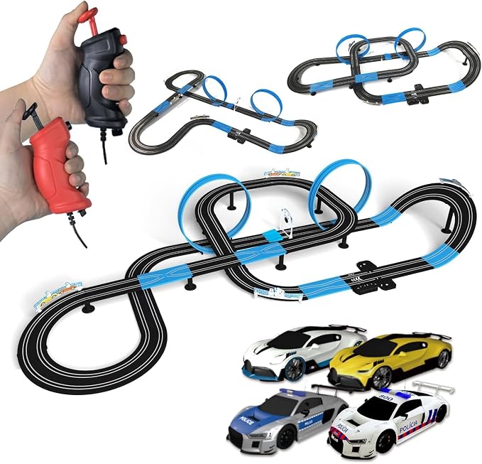 AGM MASETCH High Speed Series Tram Dual Track Set, Track with 4 Vehicles Official Licensed Slot Car Racing, Battery or Electric Car Track, Comes with 2 Hand Controls and Track Parts and a Lap Counter.