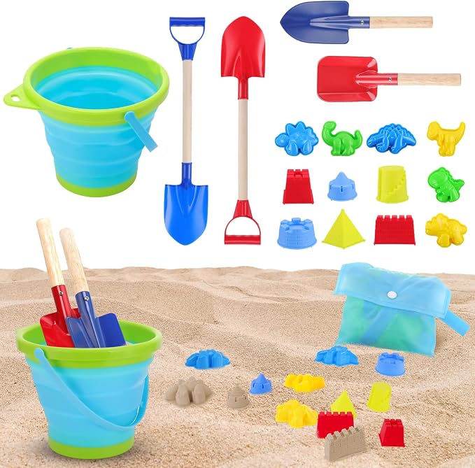 18 Pcs Beach Bucket Shovels Toys for Kids,Kids Collapsible Beach Sand Toys Sand Castle Sandbox with Long Shovel,Marine Life Castle,Sandbox with Bag for Boys Girls