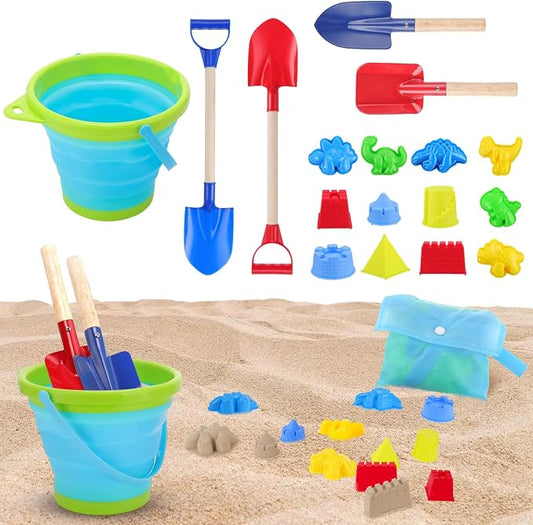 18 Pcs Beach Bucket Shovels Toys for Kids,Kids Collapsible Beach Sand Toys Sand Castle Sandbox with Long Shovel,Marine Life Castle,Sandbox with Bag for Boys Girls