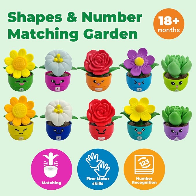 Montessori Flower Garden Building Toy for Girls & Boy, Toddler Gardening Set with 10 Shape & Number Flowers, Preschool Learning Matching & Stacking Game, Sensory Toys Gifts for 1 2 3 Year Old