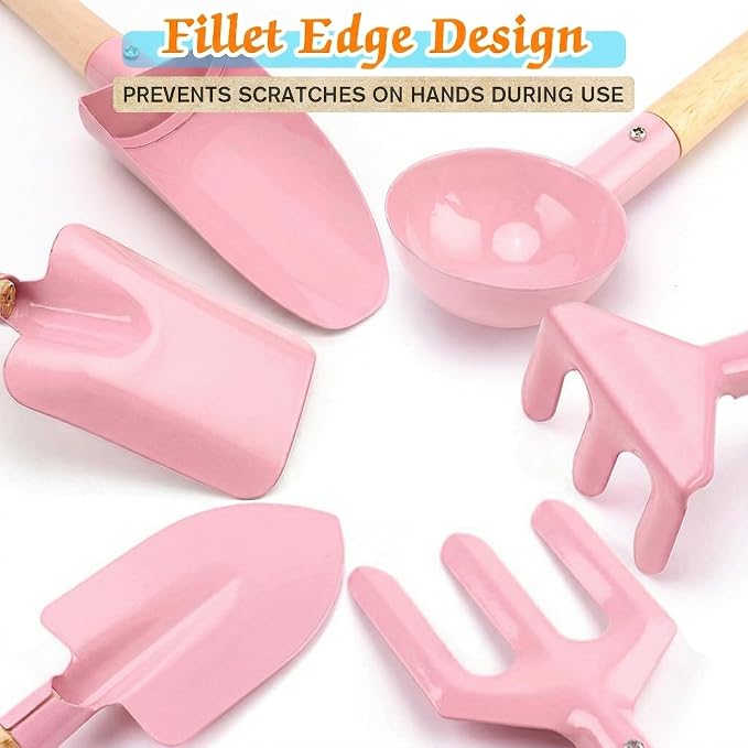 6 Piece Kids Gardening Tools, Children Beach Sand Toys, Made of Metal with Sturdy Wooden Handle, Safe Beach Gardening Set, Spoon, Fork, Rake & Shovel, Gifts for Kids(Pink)