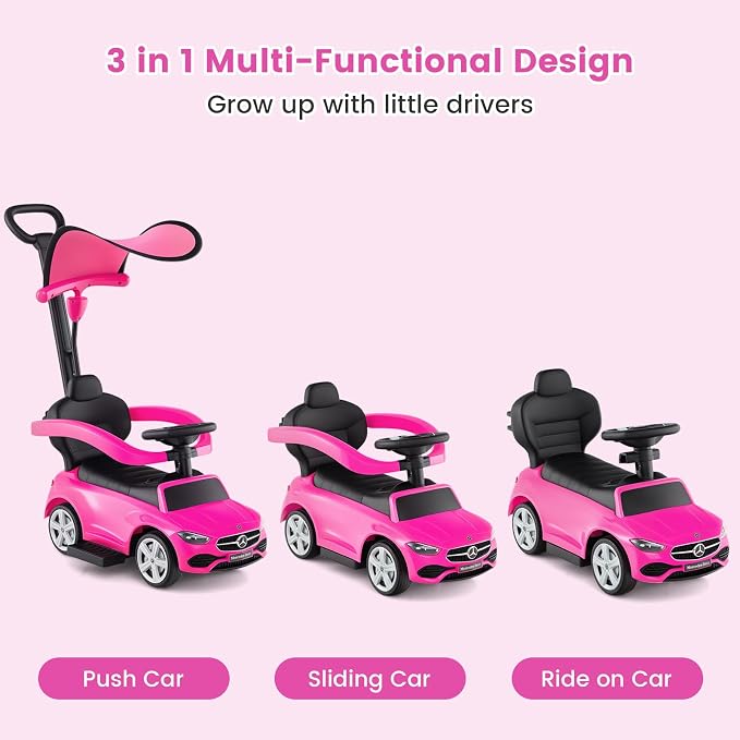 OLAKIDS Push Car for Toddlers, 3 in 1 Licensed Mercedes Benz Baby Sliding Walking with Parent Control Handle Adjustable Canopy Guardrail Under Seat Storage, Kids Ride on Toys with Horn (Pink)