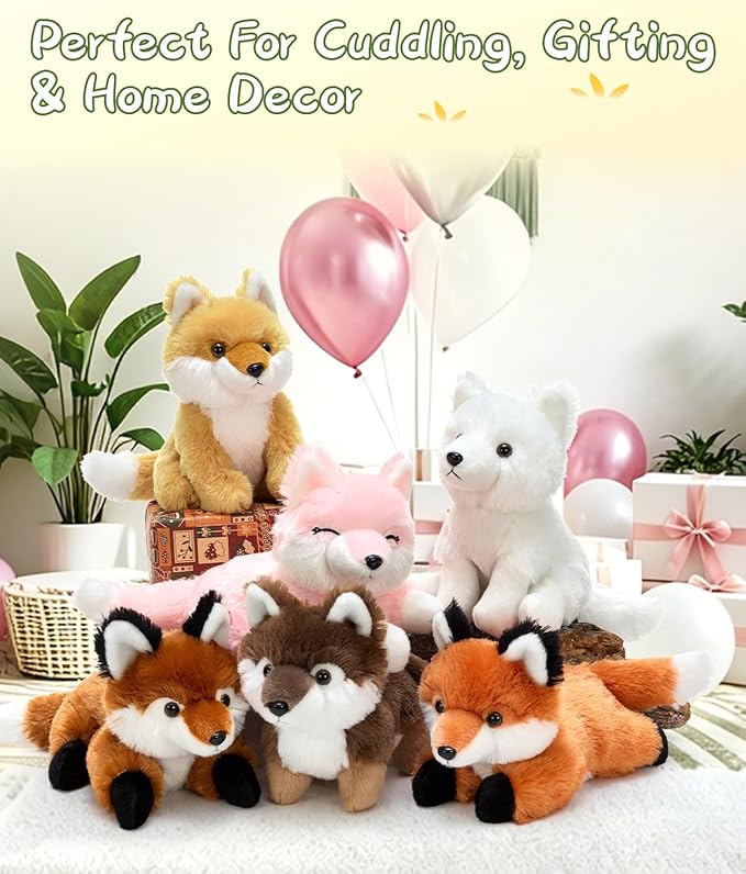 Tezituor 6 Pack Fox Stuffed Animals, 8 Inch Stuffed Fox Plush Toys Bulk, Assorted Color Mini Fox Plushies for Kids, Toddlers, Birthday Party Favors, Nursery Decor
