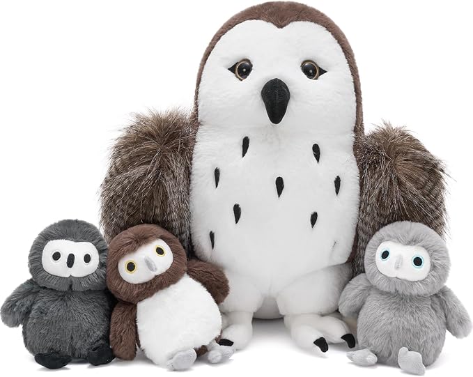 4Pcs Owl Plush Set, 18 Inch Mother Stuffed Animal with 3 Baby Owls Inside, Soft Brown Plushie Gift for Kids, Girls and Boys, Christmas Birthday Baby Shower, Brown