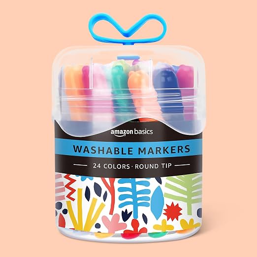 Amazon Basics Washable Markers for Kids, Round Tip Assorted Colors, Non-Toxic Drawing and Coloring School Supplies, Arts & Crafts, Pack of 24