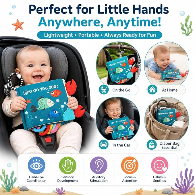 Fish Baby Books Toys, Touch Feel Cloth Crinkle Books for Babies,Baby Infant Toys 0-6, 6-12,12-18 Months,Newborn,Early Learning Education, Baby Gifts Shower for Boys Girls,Teething, Mirror,Shark Ocean