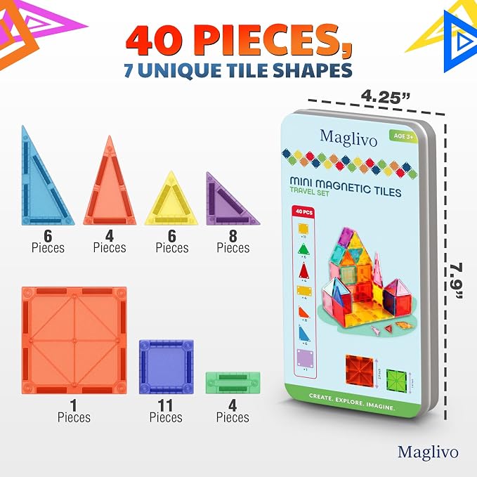 Mini Magnetic Tiles Travel Set 40 Pcs, Our is W/1 Bigger Tile, Mini Magnetic Tiles with Case for Kids- Travel Magnetiles-Magnet Tiles Travel Set