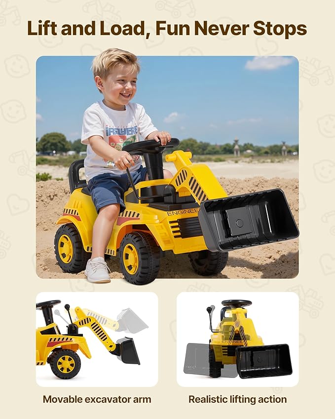 VEVOR Ride On Toddler Car, Ride on Excavator Car for Toddler 19 to 36 Months, Excavator Bulldozer Digger Toy with Under-seat Storage & Music, 55 lbs Load Capacity, Foot-to-Floor Walker for Kid, Yellow