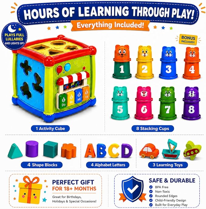 Shape Sorting Cube with Music & Lights - 6 in 1 Sensory Busy Cube Stacking Cups Activity Toy for Toddlers 18+ Months, Educational Learning Toys for Boys & Girls