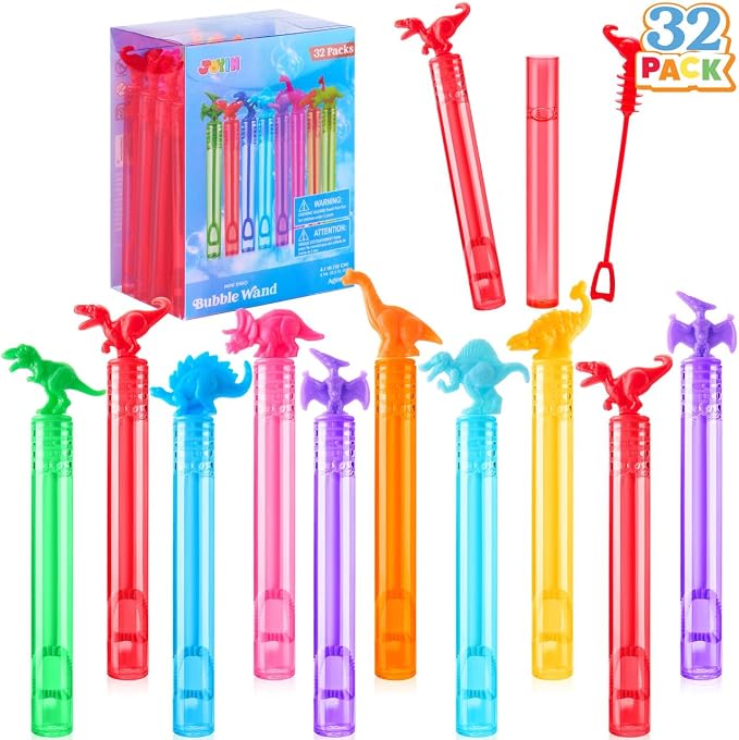JOYIN 32 Pack Bubbles Party Favors for Kids, 8 Colors Dinosaur Mini Bubble Wands, Easter Basket Goodie Bag Stuffers, Treasure Box Toys, Classroom Prizes for Boys Girls
