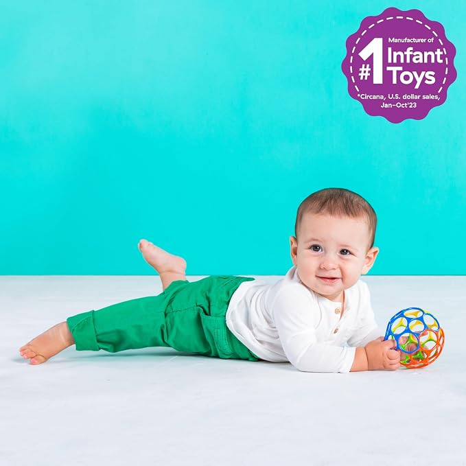 Bright Starts Oball Easy Grasp Classic Ball BPA-Free Infant Toy in Red, Yellow, Green, Blue, Age Newborn and up, 4 Inches