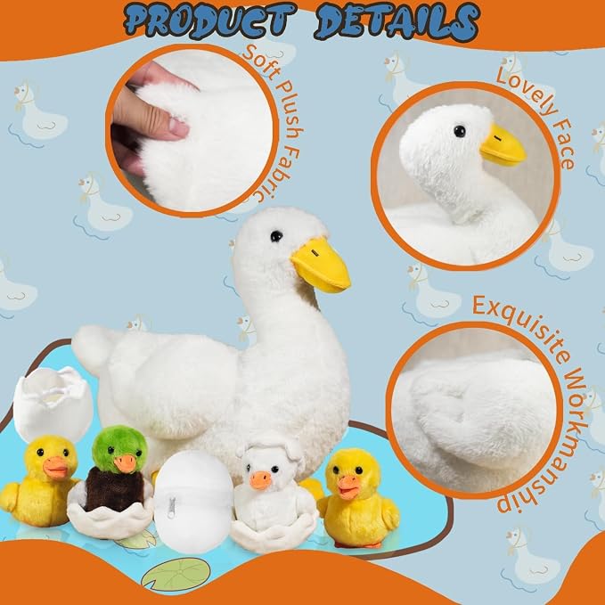 Youthfuljive 7 in 1 Duck Stuffed Animal Plush Duck Toys for Kids Toddlers, 12" Mommy White Stuffed Duck Plush Toy with 4 Baby Ducks Ducklings Eggs Duck Plushie Pillow for Birthday Farm Party