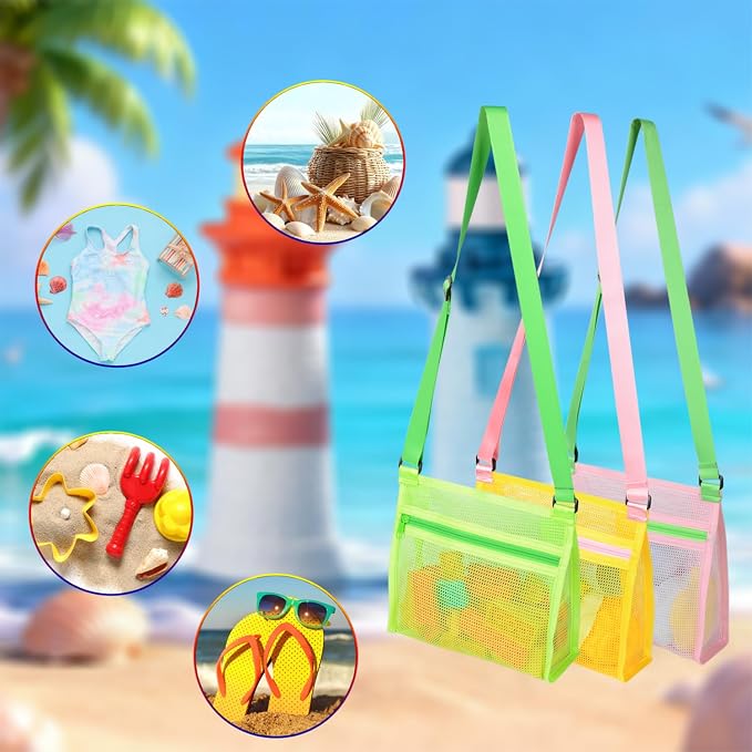 MUYIZI Mesh Beach Bag for Shells Collecting 3 Pack,Sea Shell Bags for Picking Up Shells,Beach Shell Bag for Kids,Shell Bags for Beach, Sand Toys Beach Toys Swimming Accessories for Boys and Girls