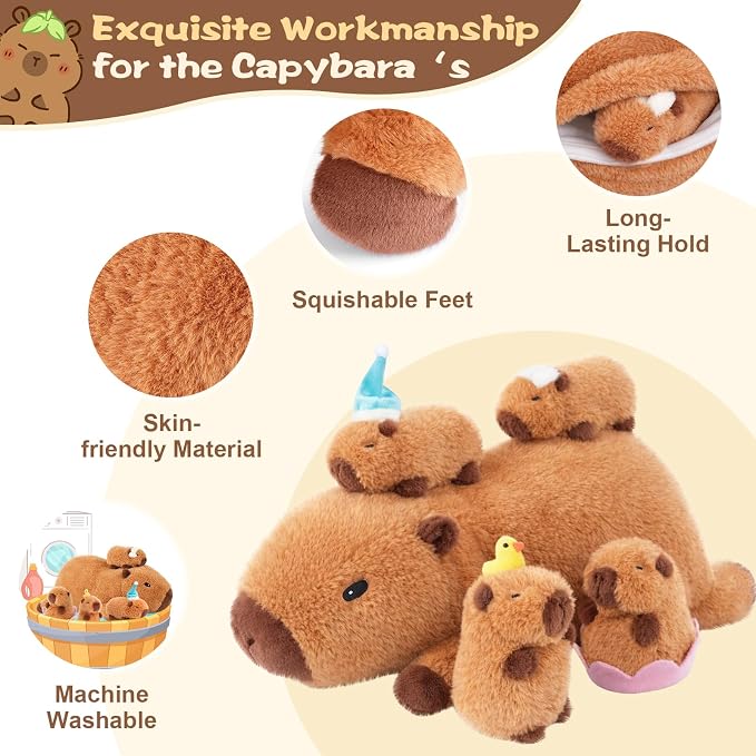 SuzziPals Lotus Capybara Stuffed Animal with Babies Inside, 5PCS Capybara Plush Set with Mommy & 4 Baby Capybaras, Soft Pillow Plush for Bedroom Decor, Birthday Easter Gift for Kids & Capibara Lovers