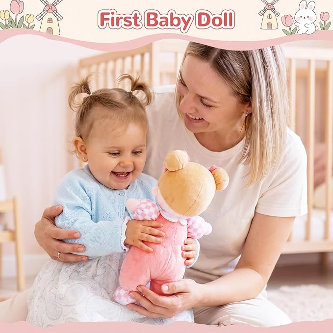 OUOZZZ Soft Baby Doll 10" Tulip Pink - First Birthday Toys for 1 Year Old Girl, Ideal 1 Year Old Girl Gifts & Baby Girl Gifts, Snuggle Buddy for Infants