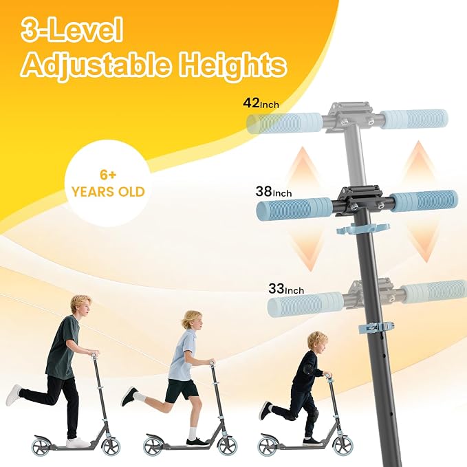 SIMATE Kick Scooter for Kids Teens & Adults, 4 Adjustable Heights, 8IN All Terrain Big Wheels, Foldable and Lightweight, Gifts for Girls Boys