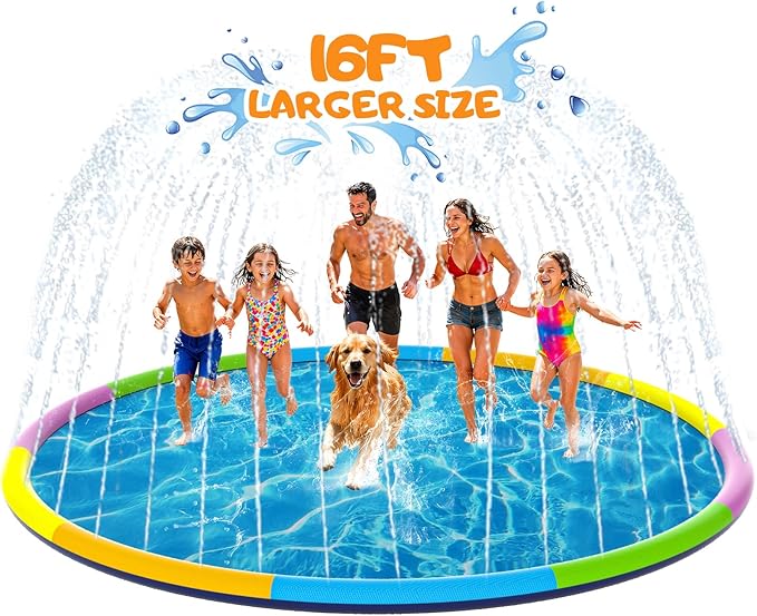 Instraella Splash Pad, 16FT Extra Large Sprinkler Play Mat for Dogs & Kids, 0.55mm Thickened Outdoor Water Toys, Foldable Summer Splash Mat for Toddlers, Children and Pets