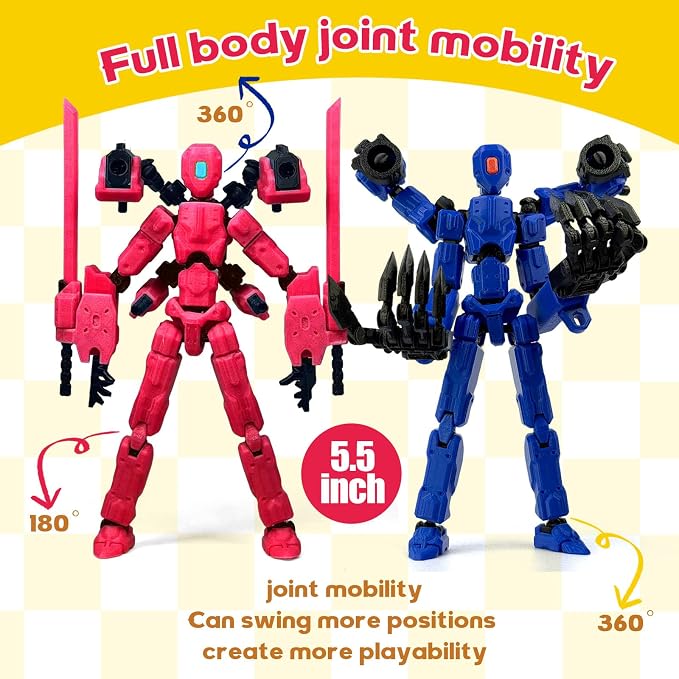 T13 Assembly Completed Action Figure Set, Multi-Jointed Movable 3D Printed Robot Toy, Cool Desktop Decoration Collectible Gift for Game Lovers (Blue and Pink)