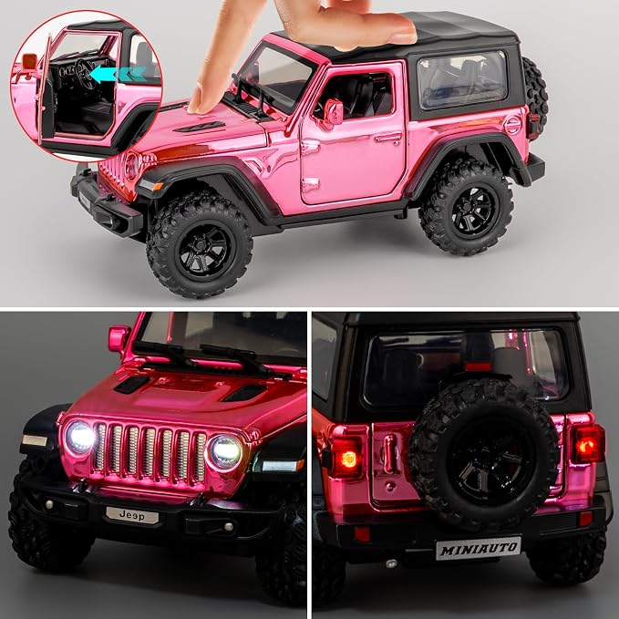 TGRCM-CZ 1:32 Scale Wrangler Rubicon Toy Car – Die-cast Model with Sound & Light Effects, Pull-Back Function, Durable Toddler Toy, Suitable for Ages 3 and Up,Pink