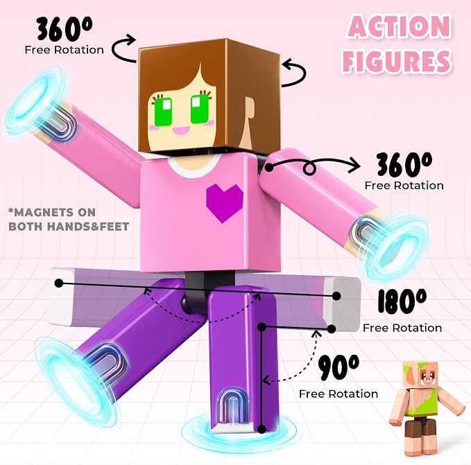 Mini Magnetic Tiles with 2 Little Action People, Light Up Travel Tiles with Magnetic Action Figures for Princess Castle, Micro Magnet Portable Toys for Kids, STEM Building Set Girl Boy Birthday Gift