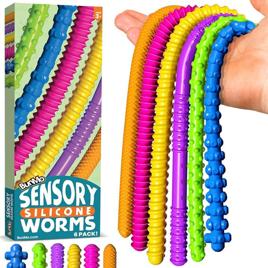 BunMo Silicone Stretchy Strings Sensory Toy – 6 Pack Fidget Worm Toy Set | Sensory Noodles for Kids | Bright, Textured, Fun Stretchy Noodles Fidget Toy for Tactile Play | Worm Toys for Fall Fun