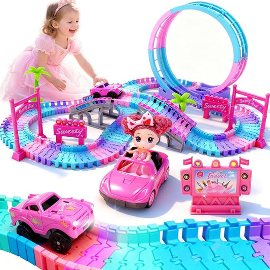Tracks Car Toys for 3 4 5 6 Year Old Girls Kids,177 PCS 360°Rotating Track Flexible Car for Girls 3-5 Toddler Flex Track Race Cars Toys Birthday Gifts