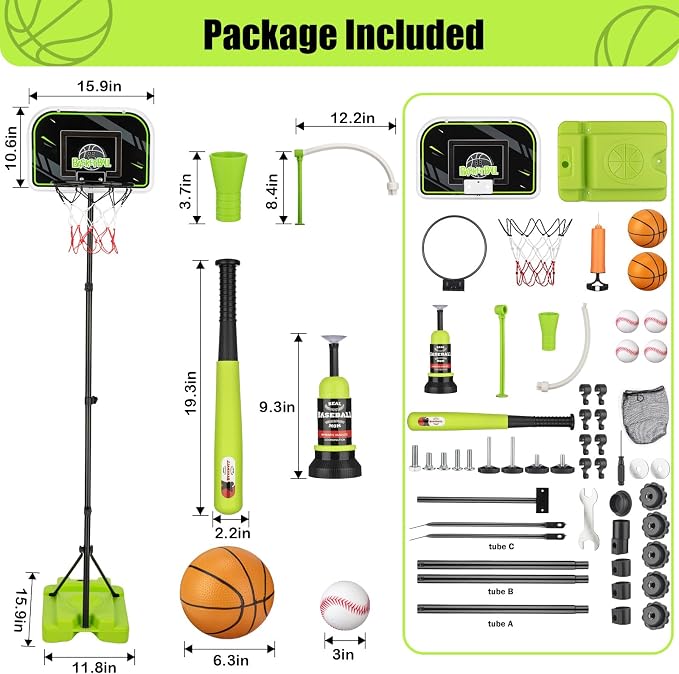 4 in 1 Kids Basketball Hoop and Tball Set for kids 3-5, Adjustable Height Toddler Basketball Hoop, Hanging Tee Baseball with Automatic Pitching Toddler Birthday Gift Outdoor Toys for 3-12 Years Old