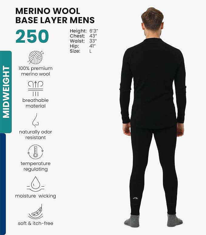 Merino.tech Merino Wool Base Layer Mens Set - Heavyweight, Midweight, Lite Merino Wool Thermal Underwear For Men Top, Bottom