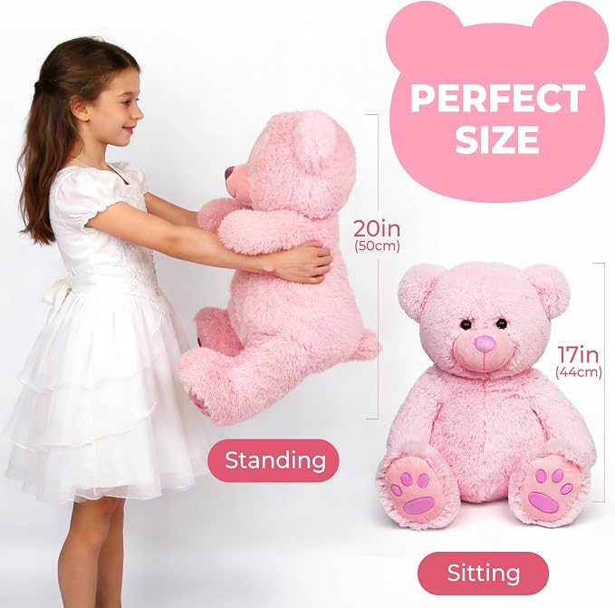 LotFancy Teddy Bear Stuffed Animals, 20 inch Soft Cuddly Cute Plushies, Plush Toys with Footprint Design, Stuffed Animals for Girls Kids Baby Toddlers, Baby Shower Easter Birthday Gift Decor, Pink